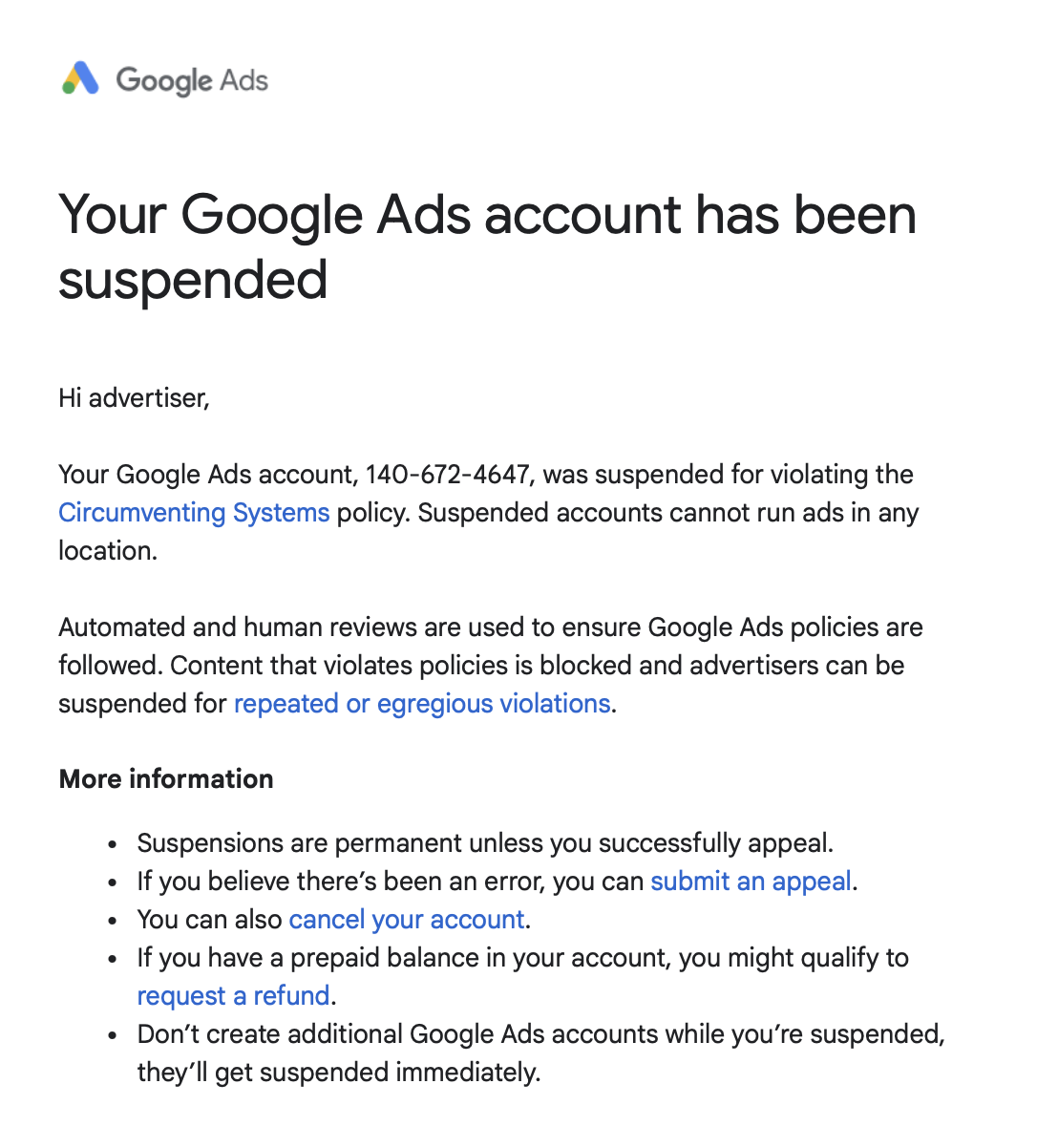 Google Ads suspension reinstatement