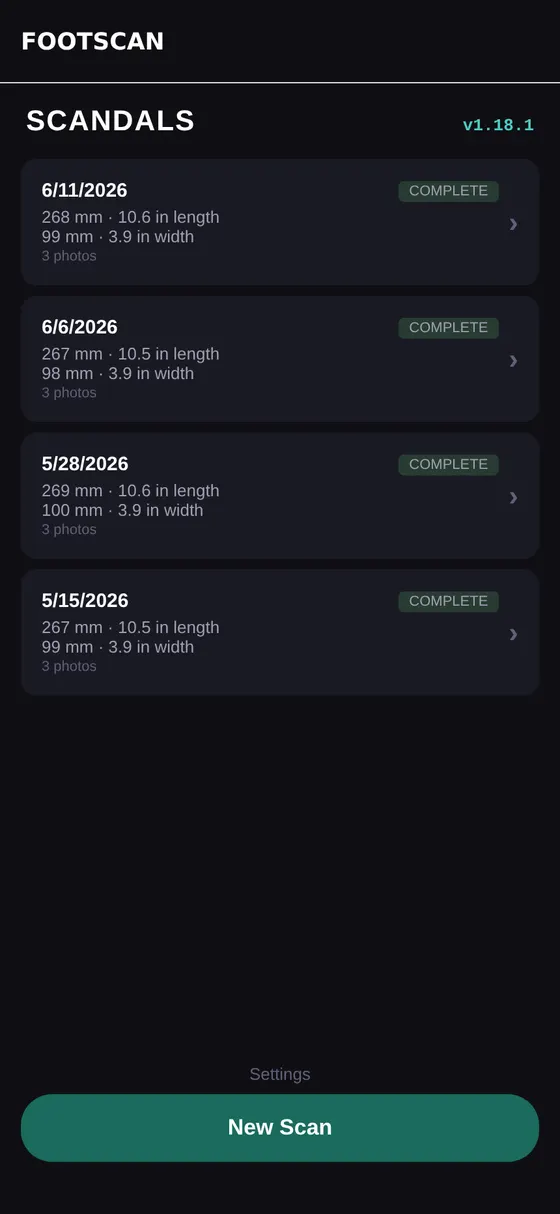 SCANDALS — phone foot-scan capture (toe + width points) feeding a generative shoe-sole model