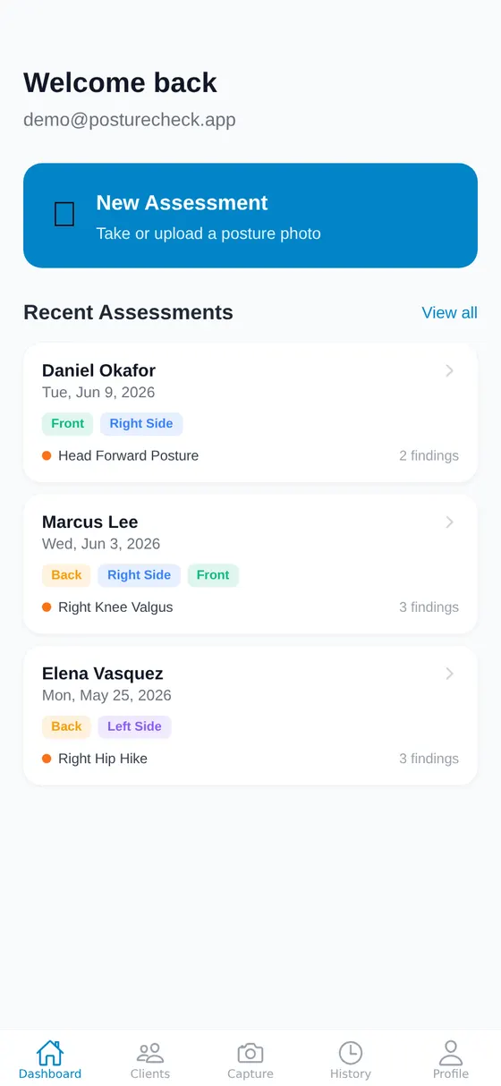 PostureCheck — coach dashboard with client assessments