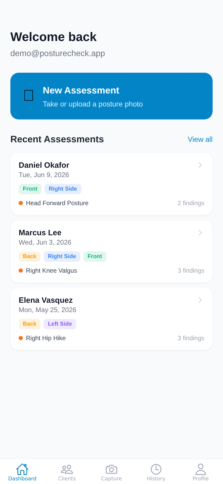 PostureCheck — coach dashboard with client assessments